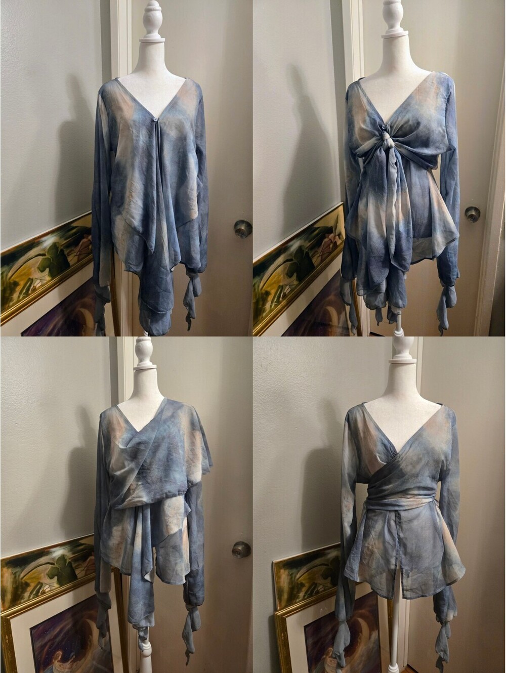 Tie Dye Front Ruffle Trim Flounce Sleeve Women's Sheer Blouse Size Large New